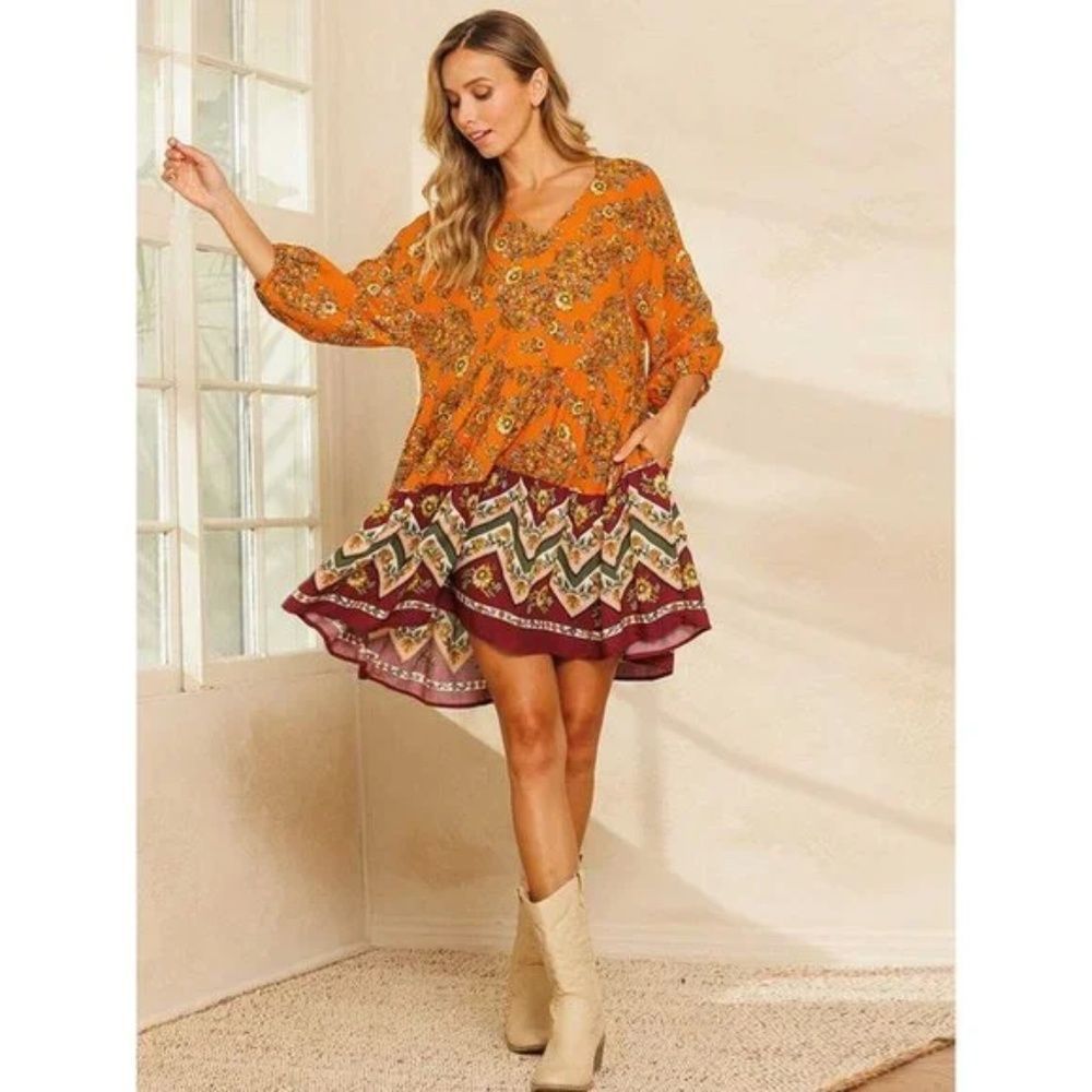 Ces Femme Dress Boho V-Neck 3/4 Sleeve With Buttons